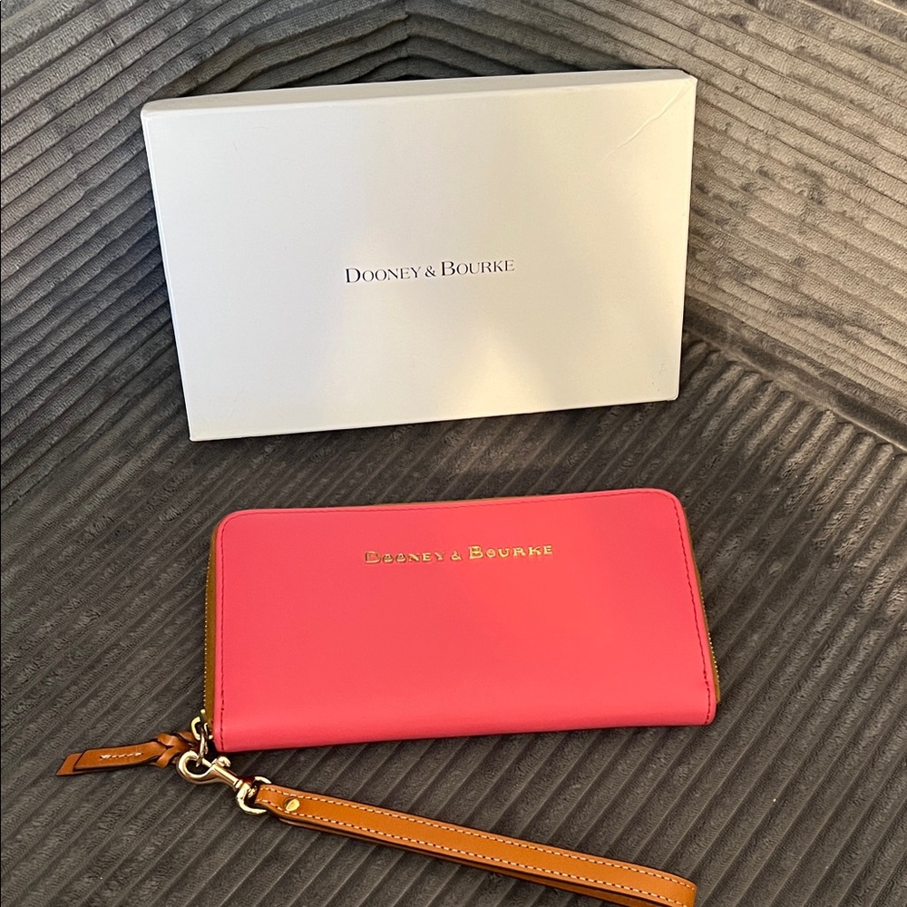 Dooney & Bourke Hot Pink Zip Wallet with Brown Wrist Strap